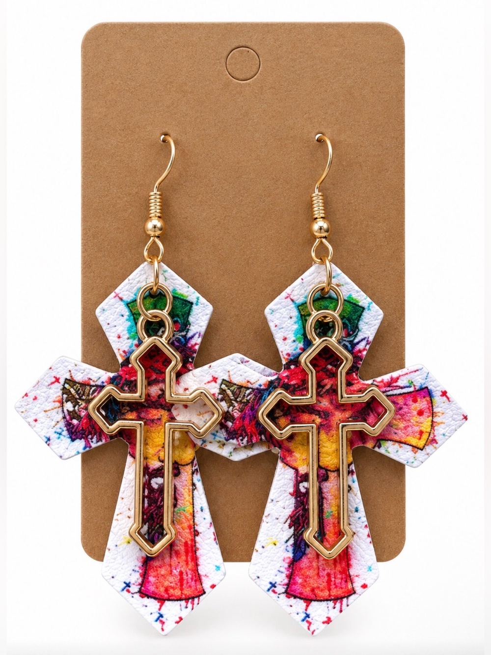 Faux Leather Layered Cross Dangle Earrings